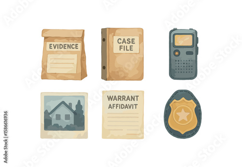 Watercolor police investigation elements with evidence bag and badge