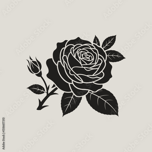 This sophisticated illustration features a beautifully detailed black rose, accompanied by a budding flower and lush leaves.