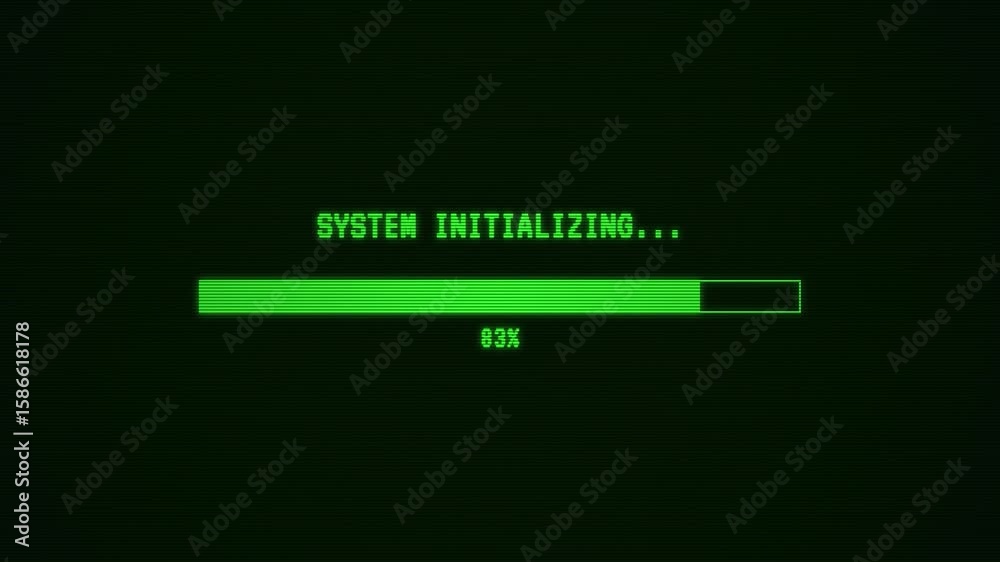 Retro computer loading animation with system initializing progress ...