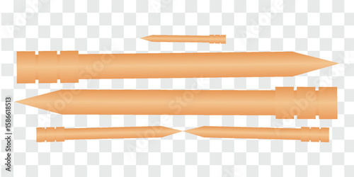 Thin pointed wooden bamboo skewers isolated on grey white background, modern vector.