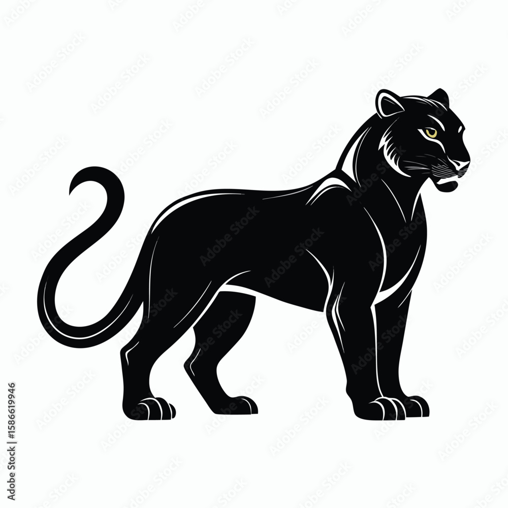 Obraz premium a panther in side profile with sleek body, alert stance, and curved tail, minimalist vector illustration isolated on white background, ideal for wild animal graphics, predator-themed artwork, and stro
