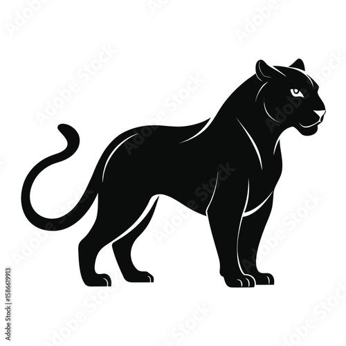 a panther in side profile with sleek body, alert stance, and curved tail, minimalist vector illustration isolated on white background, ideal for wild animal graphics, predator-themed artwork, and stro