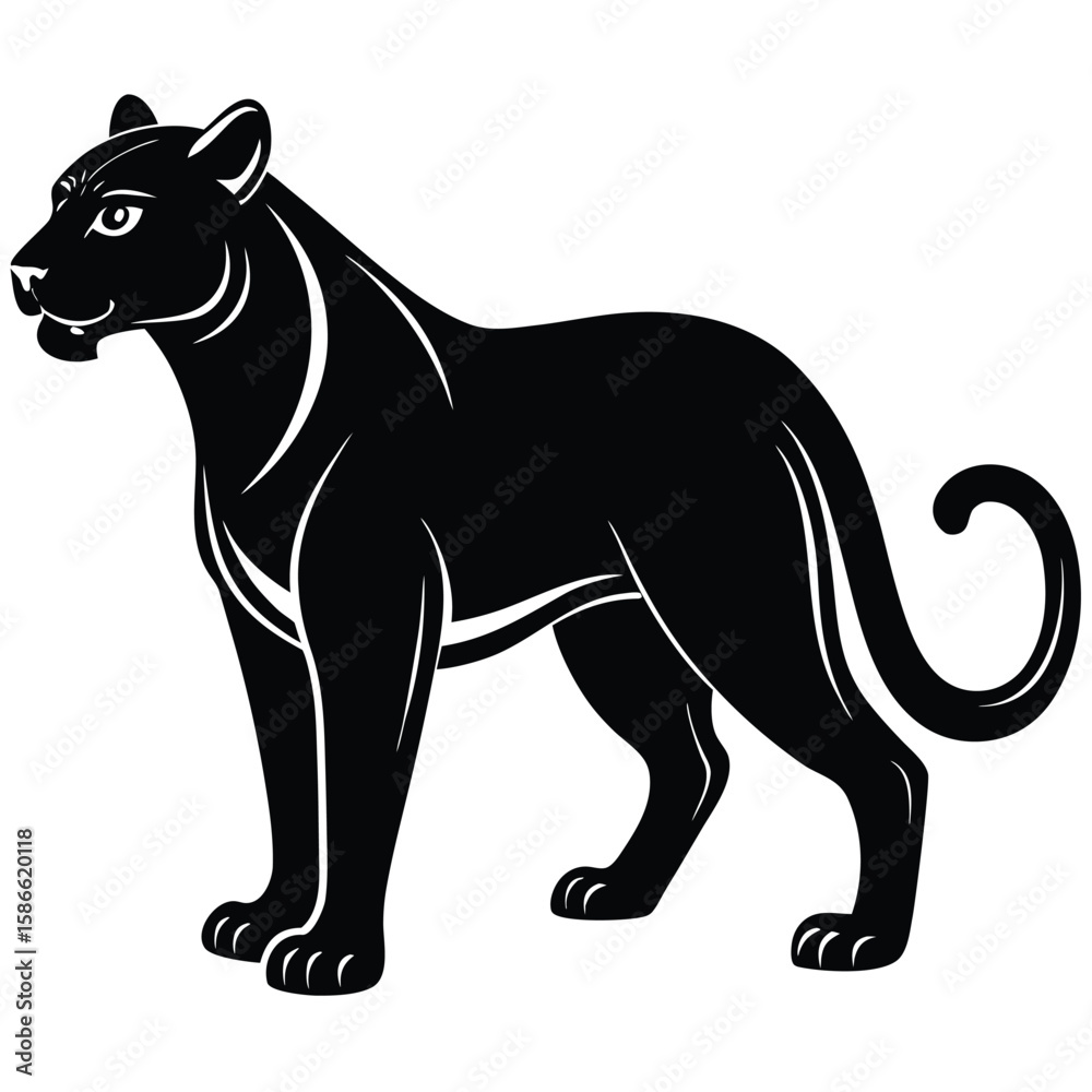 Obraz premium a panther in side profile with sleek body, alert stance, and curved tail, minimalist vector illustration isolated on white background, ideal for wild animal graphics, predator-themed artwork, and stro