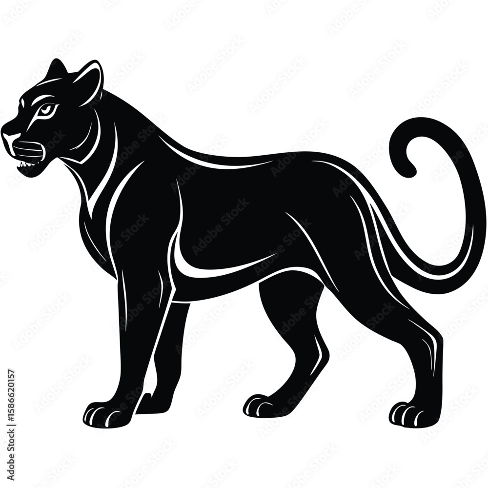 Fototapeta premium a panther in side profile with sleek body, alert stance, and curved tail, minimalist vector illustration isolated on white background, ideal for wild animal graphics, predator-themed artwork, and stro