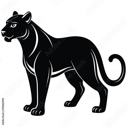 a panther in side profile with sleek body, alert stance, and curved tail, minimalist vector illustration isolated on white background, ideal for wild animal graphics, predator-themed artwork, and stro