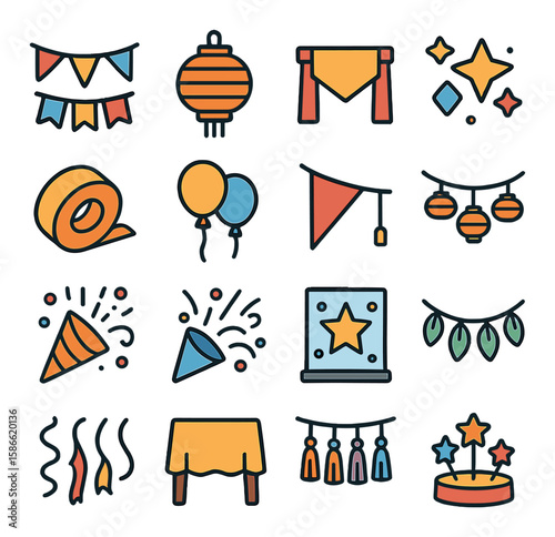 Vibrant party icon collection: simple celebrations. balloons, banners, confetti, star, streamer