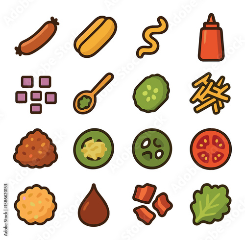 Hot dog icon collection. colorful simple sausage, condiment, bun, pickle, ketchup