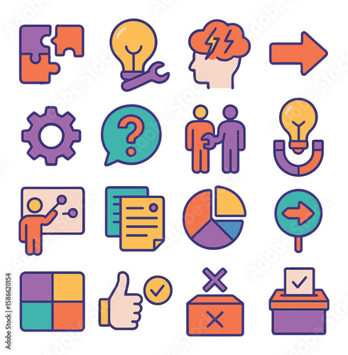 Problem solving icon collection. simple linear icons for creativity, analysis, teamwork, innovation, decision-making