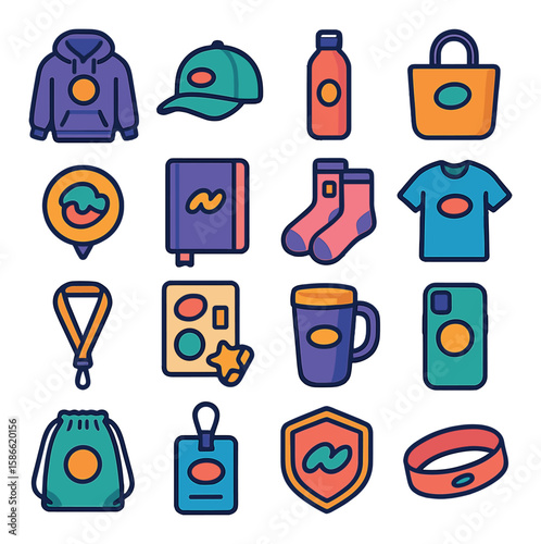 Merchandise icon collection. colorful simple swag: hoodie, cap, bottle, bag, shirt, badge