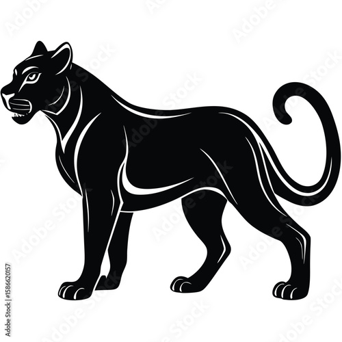 a panther in side profile with sleek body, alert stance, and curved tail, minimalist vector illustration isolated on white background, ideal for wild animal graphics, predator-themed artwork, and stro