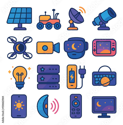Space technology icon collection. futuristic simple icons: rover, satellite, telescope, drone, vr, server, phone,