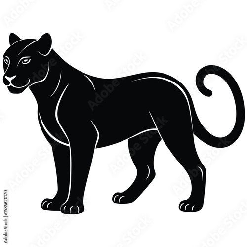 a panther in side profile with sleek body, alert stance, and curved tail, minimalist vector illustration isolated on white background, ideal for wild animal graphics, predator-themed artwork, and stro