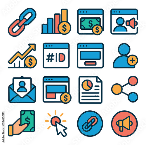 Affiliate marketing icon collection. simple flat icons for link, chart, email, money, hand, user -