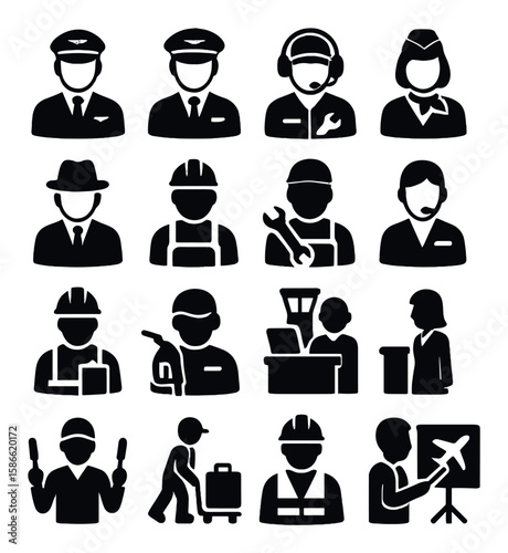 Silhouette flight crew icon collection. pilot, stewardess, ground staff, technician, agent, baggage handlers