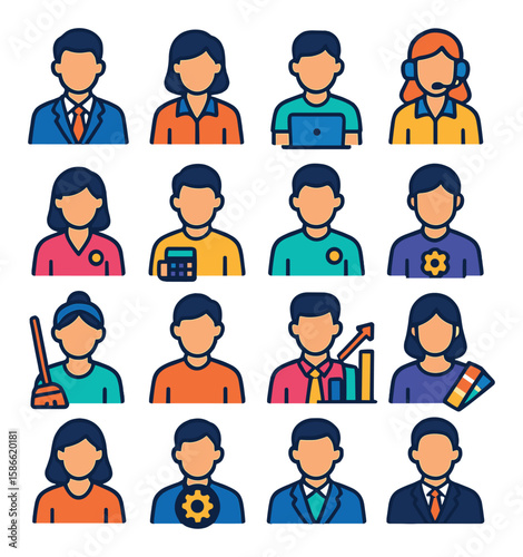 Office role icon collection. simple occupations flat icons: manager, developer, support, designer, analyst, cleaner