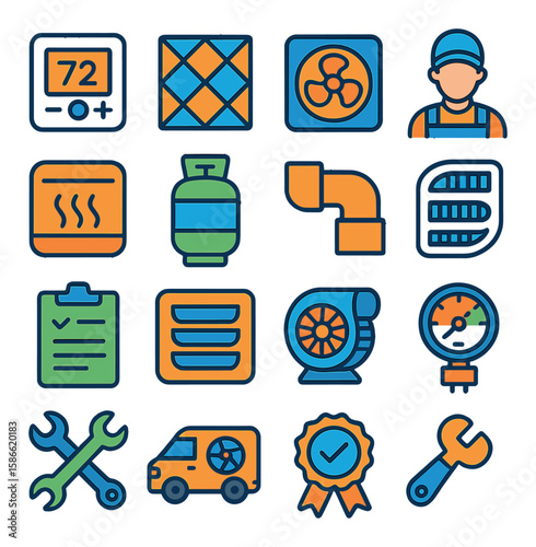 Hvac service icon collection. modern simple design. thermostat, valve, fan, tools, badge, vent, worker