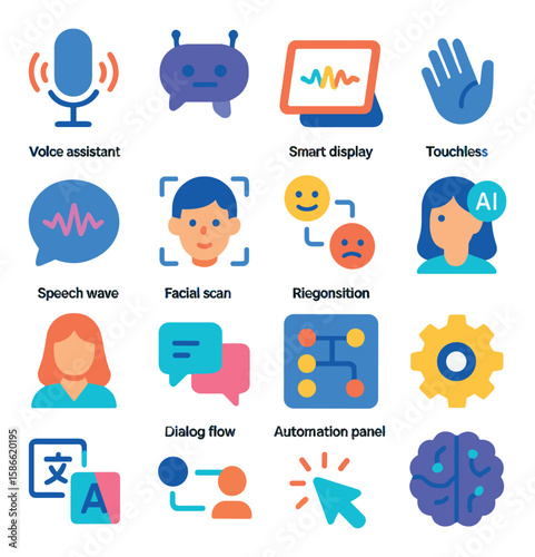 Ai interface icon collection: modern ai concepts, touchless, voice, facial, automation