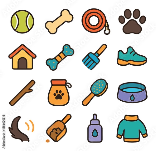 Dog parent icon collection. pet care simple icons: ball, bone, leash, paw, house, brush