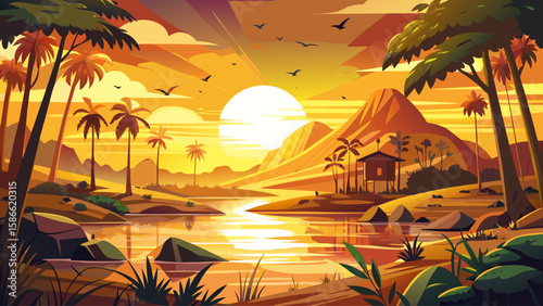 Yala National Park, Southern Province, Sri Lanka –  Early sunlight casts golden hues across the land, creating a rich and balanced scene for vector storytelling.