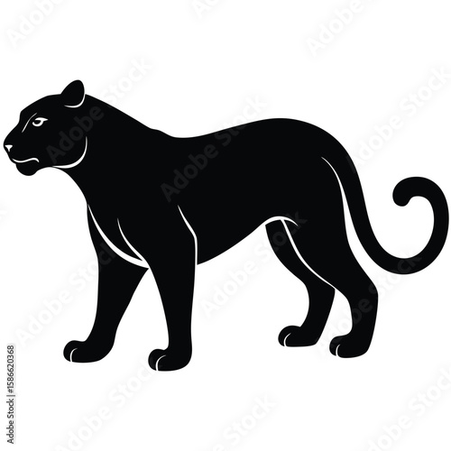 a panther in side profile with sleek body, alert stance, and curved tail, minimalist vector illustration isolated on white background, ideal for wild animal graphics, predator-themed artwork, and stro