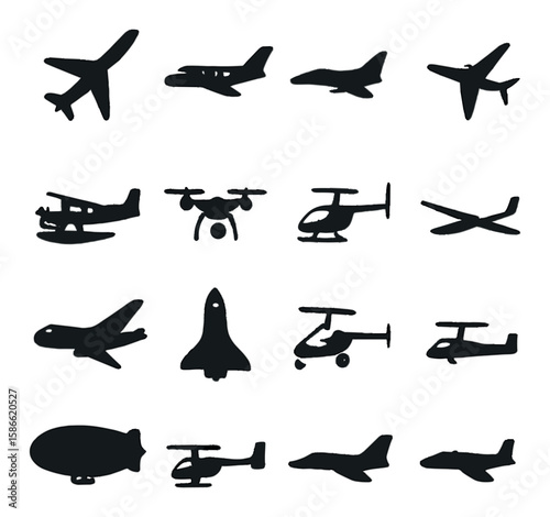 Aircraft icon collection. plane, jet, helicopter, drone, zeppelin silhouette