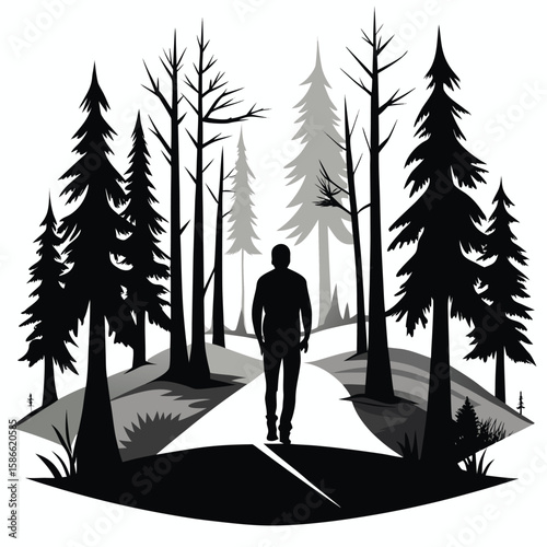 a person walking along a forest path with trees in the background, minimalist scene on white background, symbolizing solitude, self-discovery, and inner peace