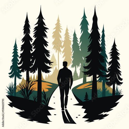 a person walking along a forest path with trees in the background, minimalist scene on white background, symbolizing solitude, self-discovery, and inner peace