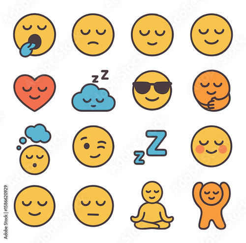 Lazy day emotions icon collection. simple compose flat icons. smiley, heart, meditation