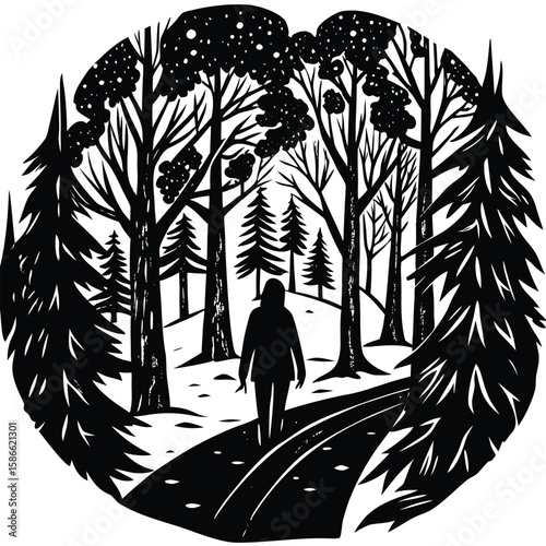 a person walking along a forest path with trees in the background, minimalist scene on white background, symbolizing solitude, self-discovery, and inner peace