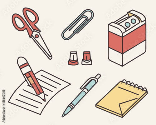 Illustration of scissors paperclip stapler pencil sharpener pen and notepad on a light background