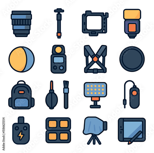 Photography gear icon collection. camera, lens, tripod, flash, backpack simple flat