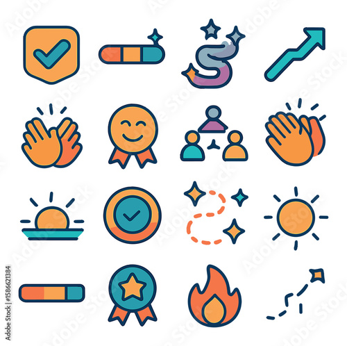 Motivational icon collection. positive reinforcement flat icons. award, applause, sunrise, progress, arrow, teamwork