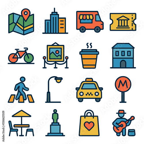 Urban exploration icon collection. city activities flat icons: map, bicycle, coffee, museum, taxi,