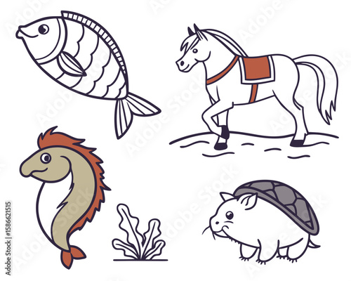 Illustration featuring a fish, horse, sea serpent, plant, and a turtle wombat hybrid creature
