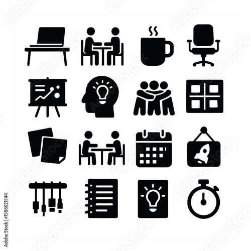 Startup workspace icon collection. office, meeting, coffee, chair, teamwork, calendar, rocket, clock silhouette