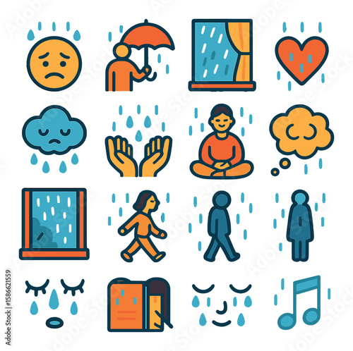 Rainy emotions icon collection. simple weather mood, umbrella, cloud, sad, happy, window, heart