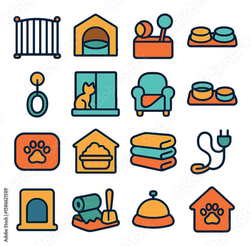 Pet home icon collection: modern simple pet care, kennel, bowl, paw, bed, toy, feeding, linear