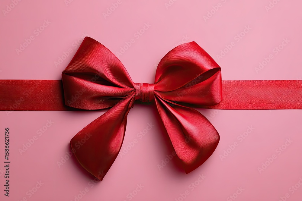 Red ribbon bow on pink background, gift wrapping, celebration Red ribbon bow on pink background, gift wrapping, celebration