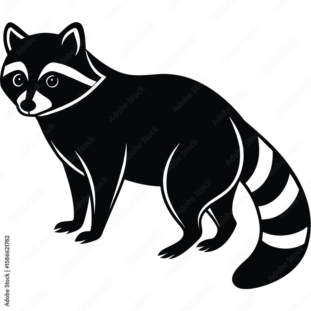 Fototapeta premium a raccoon in side view with bushy ringed tail and pointed face, standing pose with upright ears and arched back, minimalist vector illustration isolated on white background