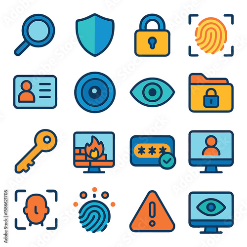 Modern security icon collection. simple cybersecurity icons: lock, shield, fingerprint, key, camera, alarm, id card