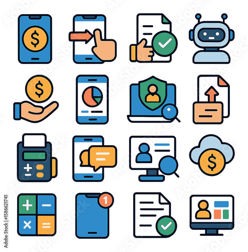 Digital lending icon collection. fintech, loan, robot, cloud, document, mobile, chat, money, linear