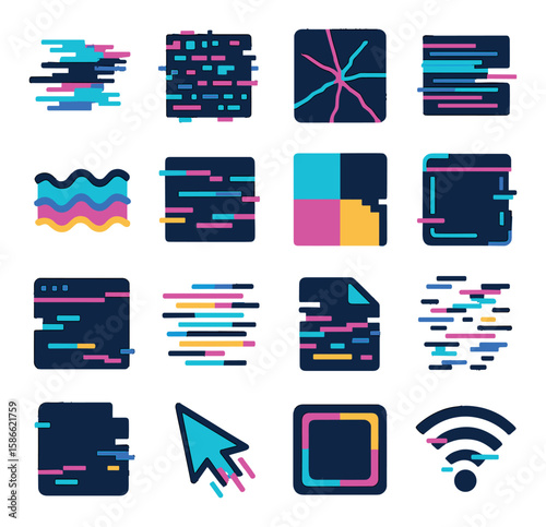Digital glitch icon collection: simple linear design. pixel, wave, crack, cursor, wifi