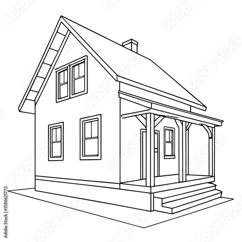Illustration of a two story house with a porch and a chimney in black and white outline style
