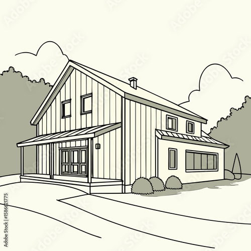Illustration of a two story house with a porch and trees in the background on a cloudy day drawing