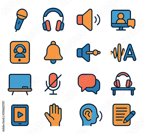 Classroom audio icon collection. modern linear education icons: microphone, headphones, bell, speaker, board, muted mic, chat, play, hand, profile, note