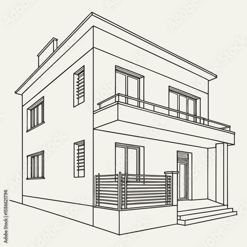 Line drawing of a two story house with balconies and windows on a light background in perspective view