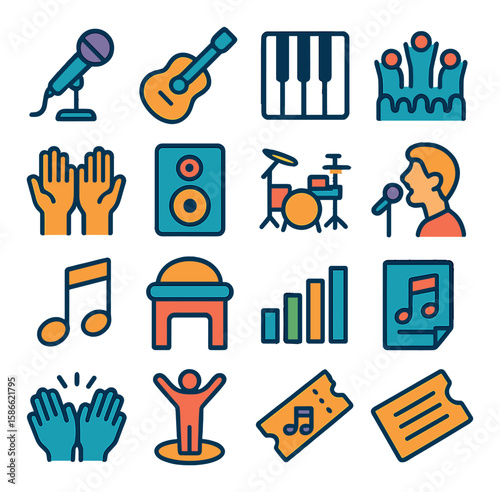 Music icon collection. simple compose musical instruments. microphone, guitar, piano, drum, note