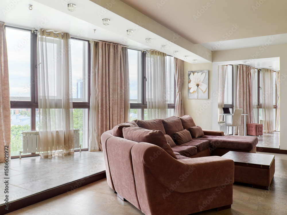 Fototapeta premium interior design. interior photography of an apartment for rent. One-room apartment with a simple and cozy design. High quality photo