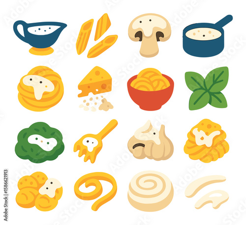 Creamy pasta icon collection. simple cuisine silhouette icons: penne, mushroom, parmesan, garlic, sauce, herbs