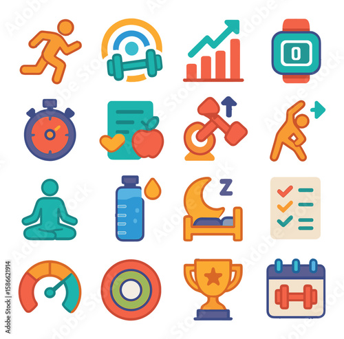 Fitness icon collection. exercise, weightlifting, yoga, cycling, running, health flat
